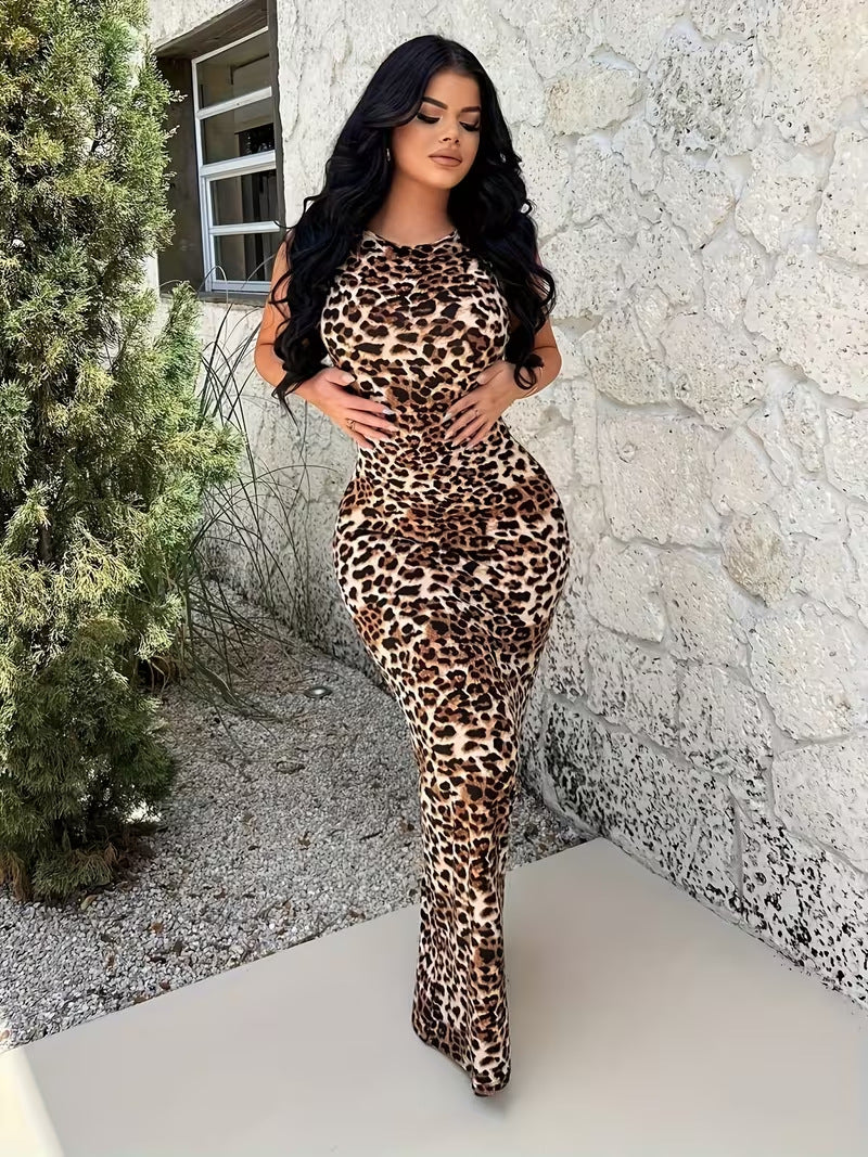 Temu women's foreign trade independent website  summer leopard print open back bodycon sleeveless dress - perfect for beach vacations