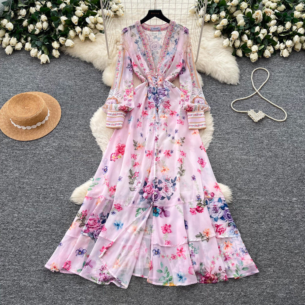 French riviera floral print flared sleeve dress - women's long sleeve tie-waist a-line maxi dress - elegant & chic