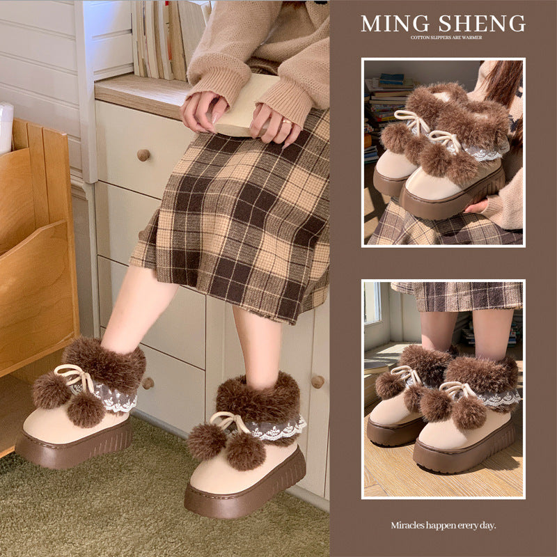 Fur ball snow boots for women winter2025new arrivalfleece-linedthickenedheattech fur thick sole short boots outwear northeast cotton shoes