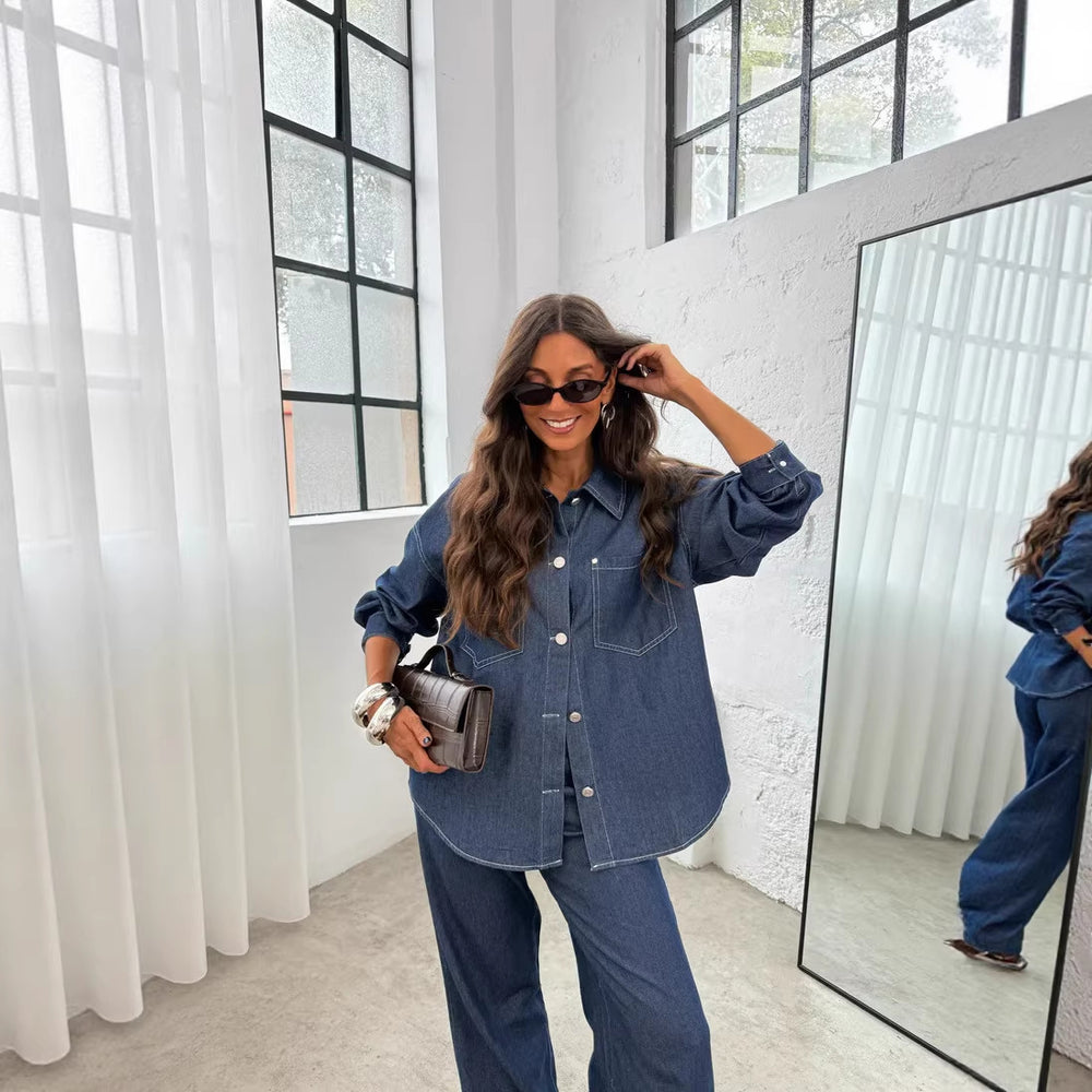 European and american cross-border  hot-selling women's clothing: unique street style fashion casual slim-fit shirt jacket denim set for women