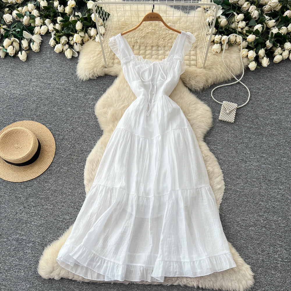 French romantic style spaghetti strap playful sleeveless dress - women's summer tie-waist slimming a-line cake dress - vacation style