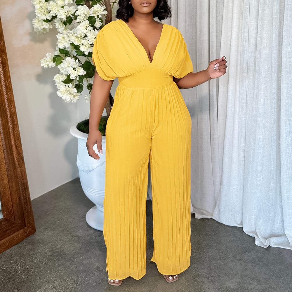 D3302  independent station foreign trade  new women's european and american cross-border sexy v neck pure color pleated jumpsuit