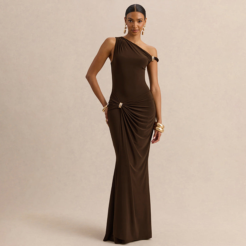 European and american cross-border women's clothing:  summer new arrival - elegant socialite style one-shoulder irregular metallic buckle dress