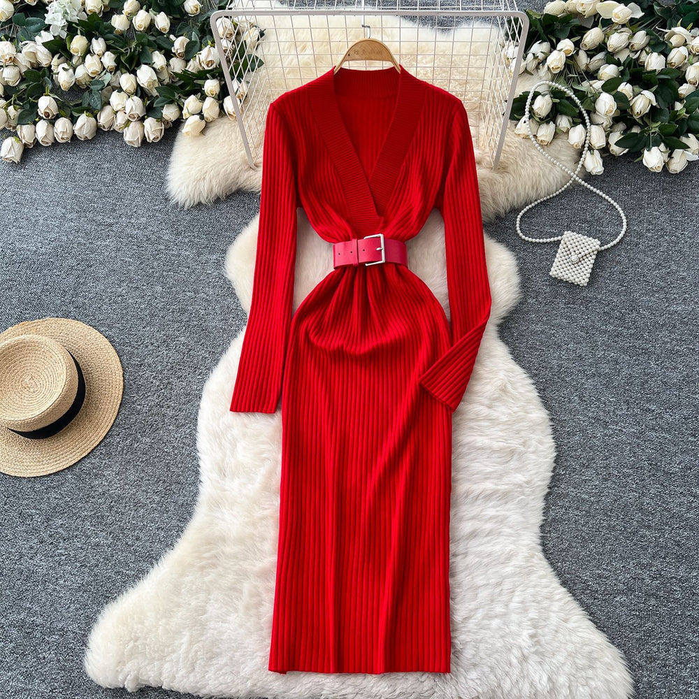 Minimalist chic solid color knit dress - women's autumn collection: criss-cross neck, belted waist, slim fit, stunning maxi dress