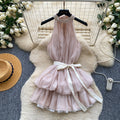 Qianjin wind halter heavy industry beading dress women's summer waist tie-up bowssweet suspender skirt petites