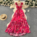 Frenchretrov neck small flying sleeves printingdress women's fashionbackless waist elegantlongruffles skirt