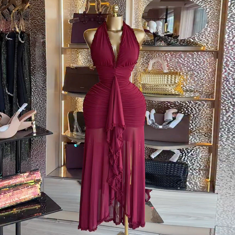 European and american women's clothing  autumn new collection: sweet and fresh tie-neck halter v-neck high-waisted slimming bodycon dress
