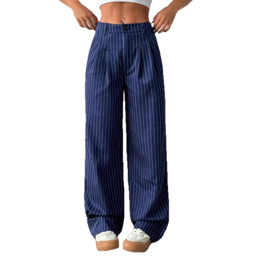 new european and american women's blue striped casual wide-leg trousers for commuting and leisure