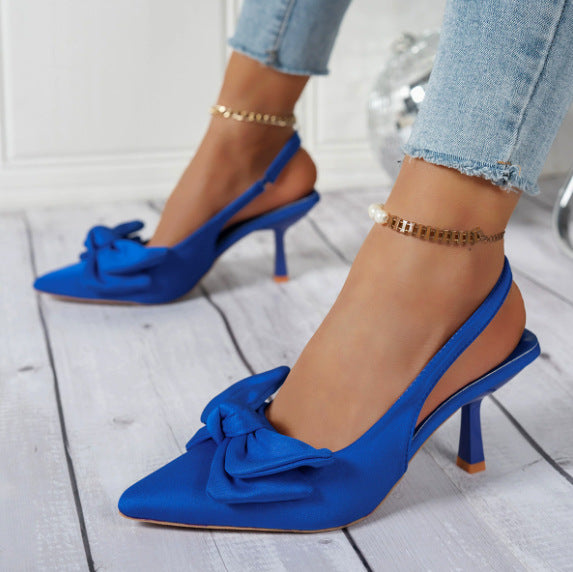 French retro satin bow pointed-toe high heels - ankle strap stiletto heels for work and banquets - cross-border exclusive