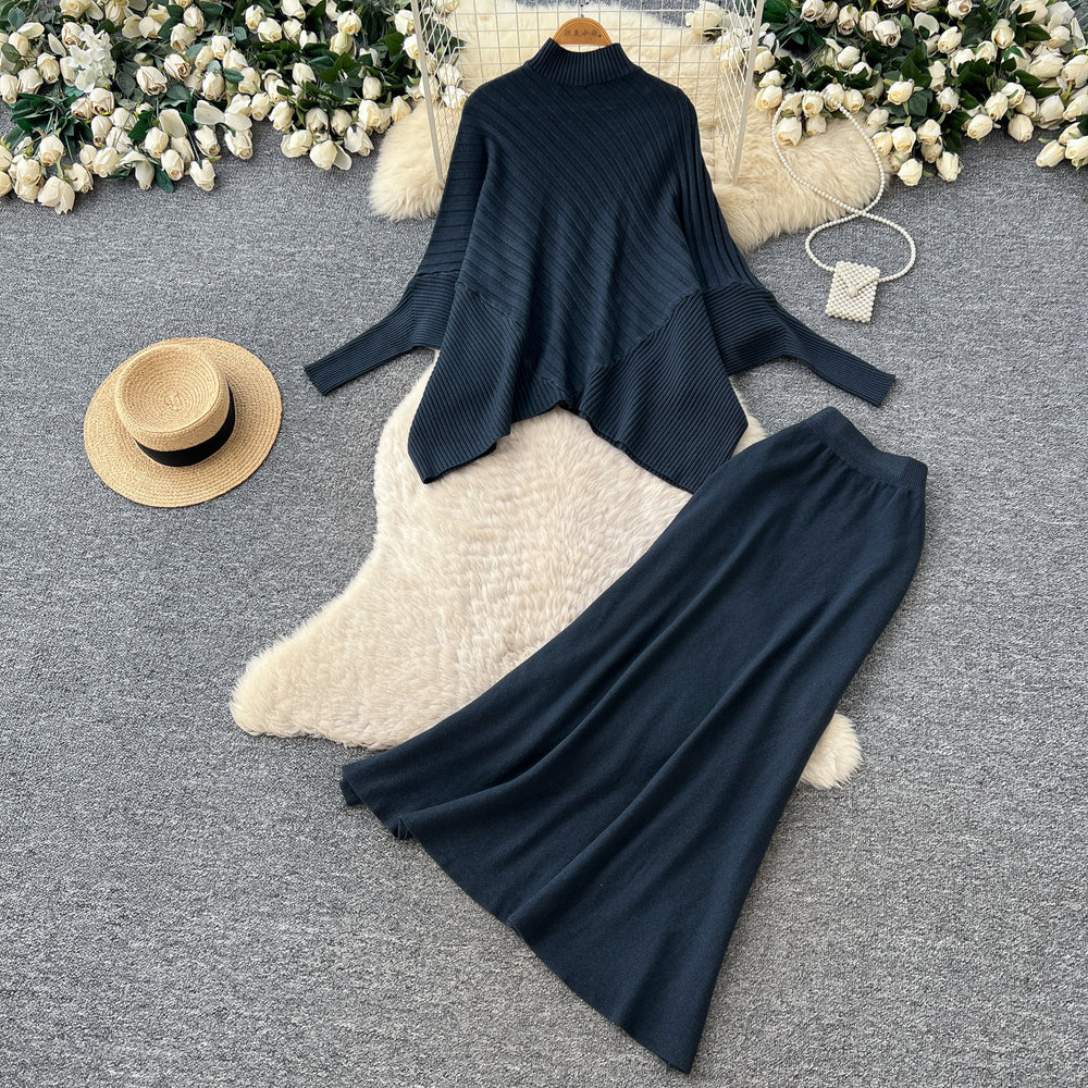 Lazy style red turtleneck knitting shirt skirt suit women's autumlong sleevesslimming looktwo-piece set atmosphere outfit