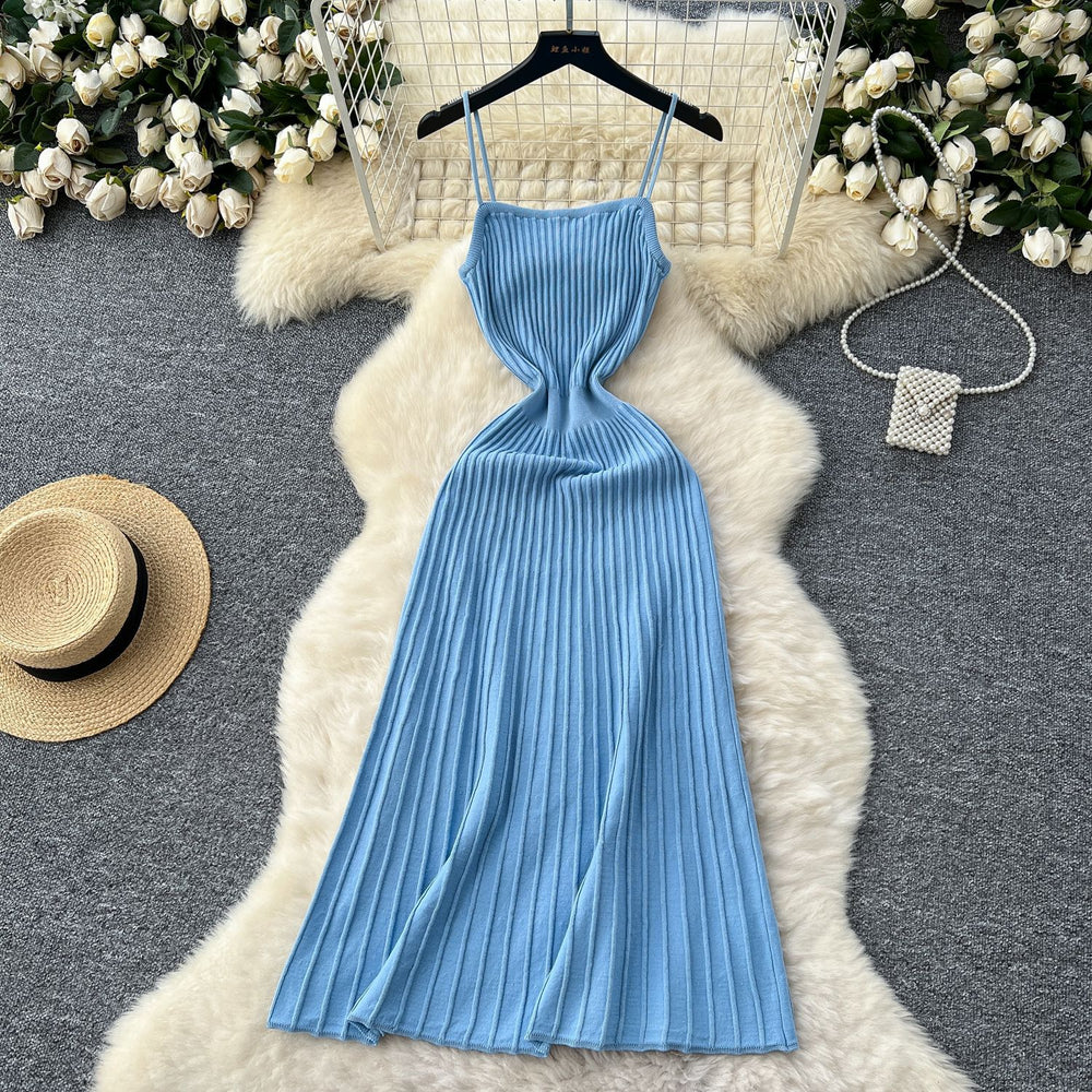 Women's summer dress  new arrival: elegant and chic spaghetti strap knit dress with vertical stripes - slimming, waist-defining, and perfect for layering