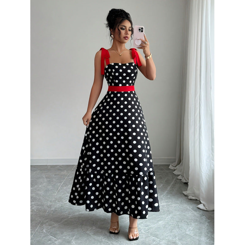 Women's french chic polka dot color block patchwork a-line maxi slip dress - perfect for dates & vacations