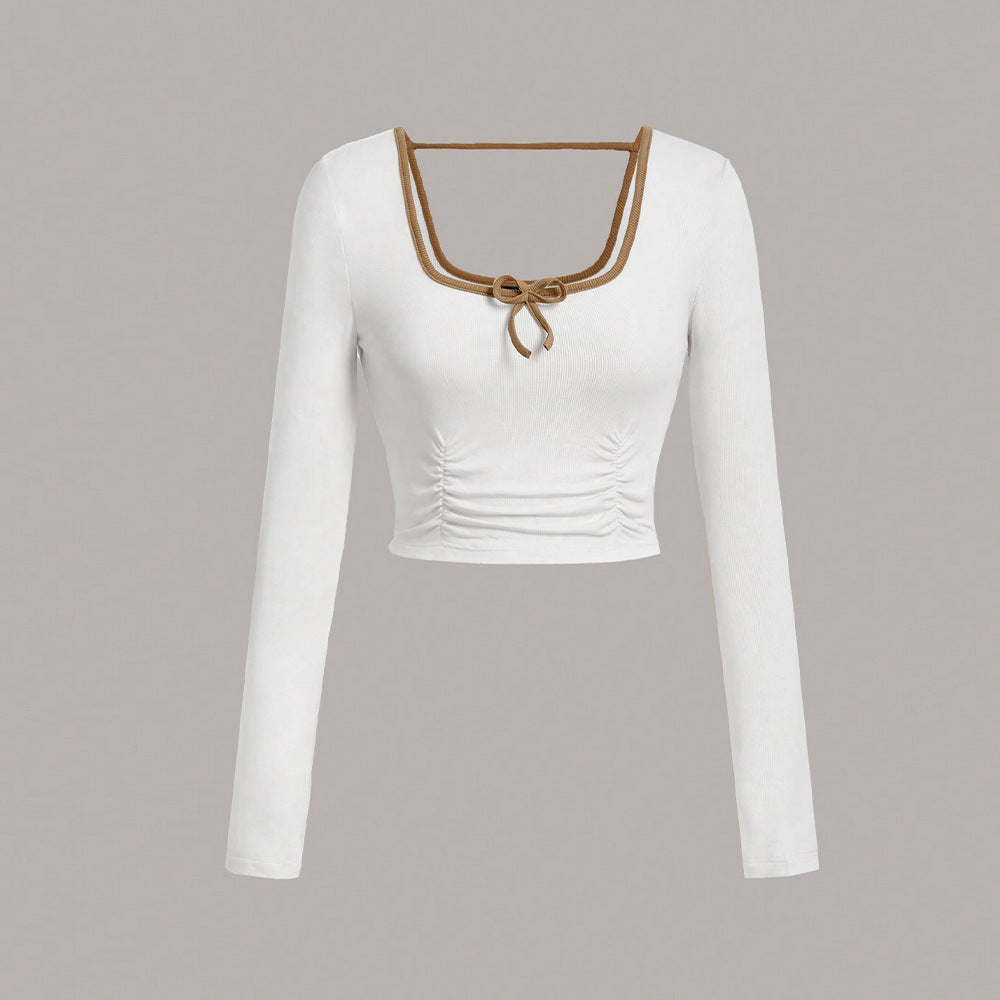 European and American  women's clothing square collar T-shirt winter new backless design pullover solid color super short top women