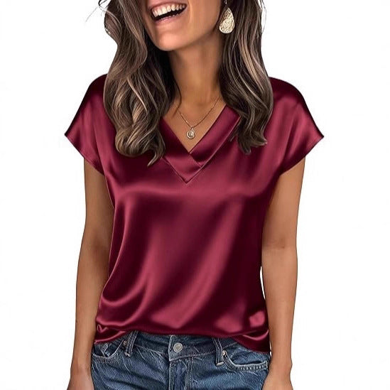 Women's satin t-shirt - spring/summer new arrivals -  us & european style - solid color business v-neck casual pullover top