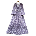 French-inspired v-neck lantern sleeve printed dress - spring floral korean style, slimming a-line maxi dress