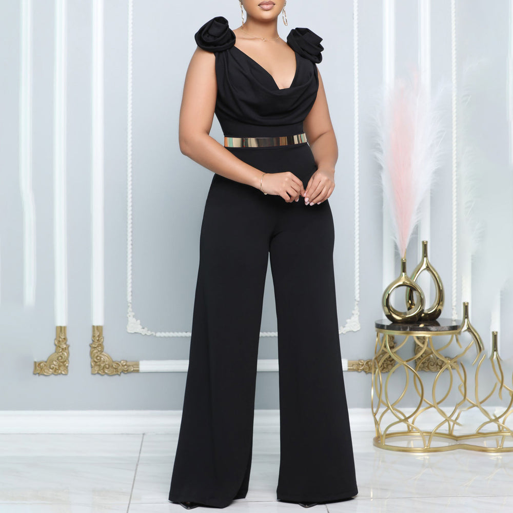 C8580 european and american women's clothing  new fashion v-neck sexy wide-leg pants solid color high-neck sleeveless cinched waist jumpsuit