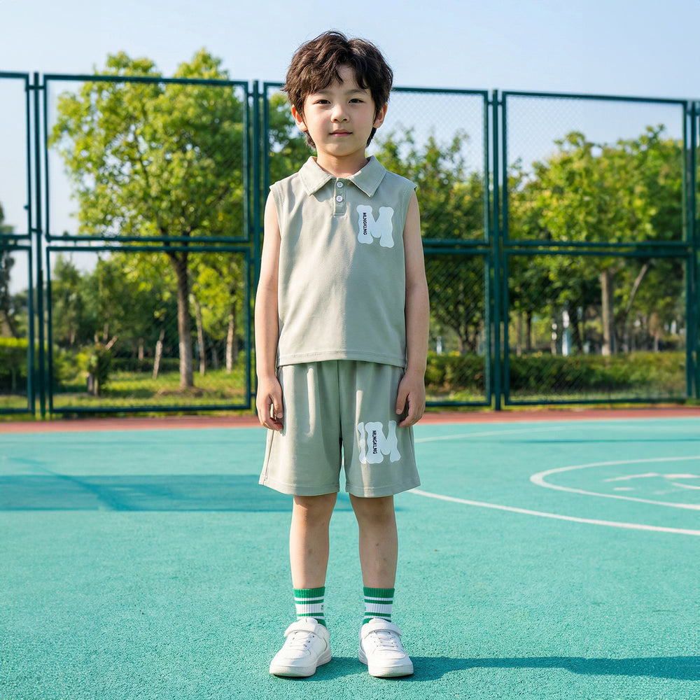 summer new boys' suit: breathable sleeveless top with turn-down collar design, stylish and casual two-piece set for kids