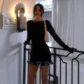 Aliexpress fashion: new autumn/winter european & american style women's elegant solid color round neck lace trim short long sleeve knitted dress