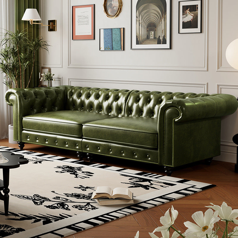 American retro sofa oil wax leather living room house hotel club medieval style straight black buckle sofa furniture