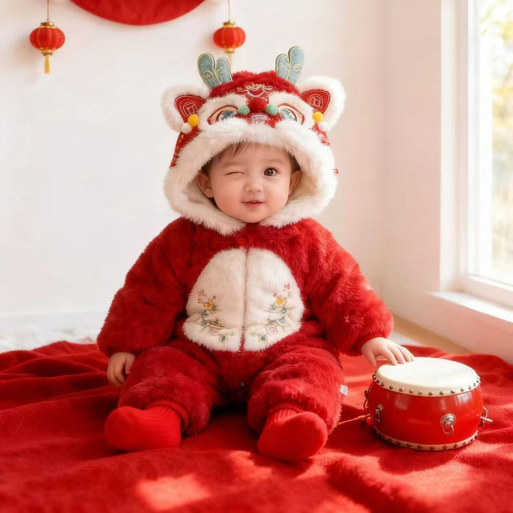 Autumn/winter fleece-lined full month, 100-day, and first birthday baby clothes - unisex chinese style rompers, traditional chinese winter onesies/hoodies