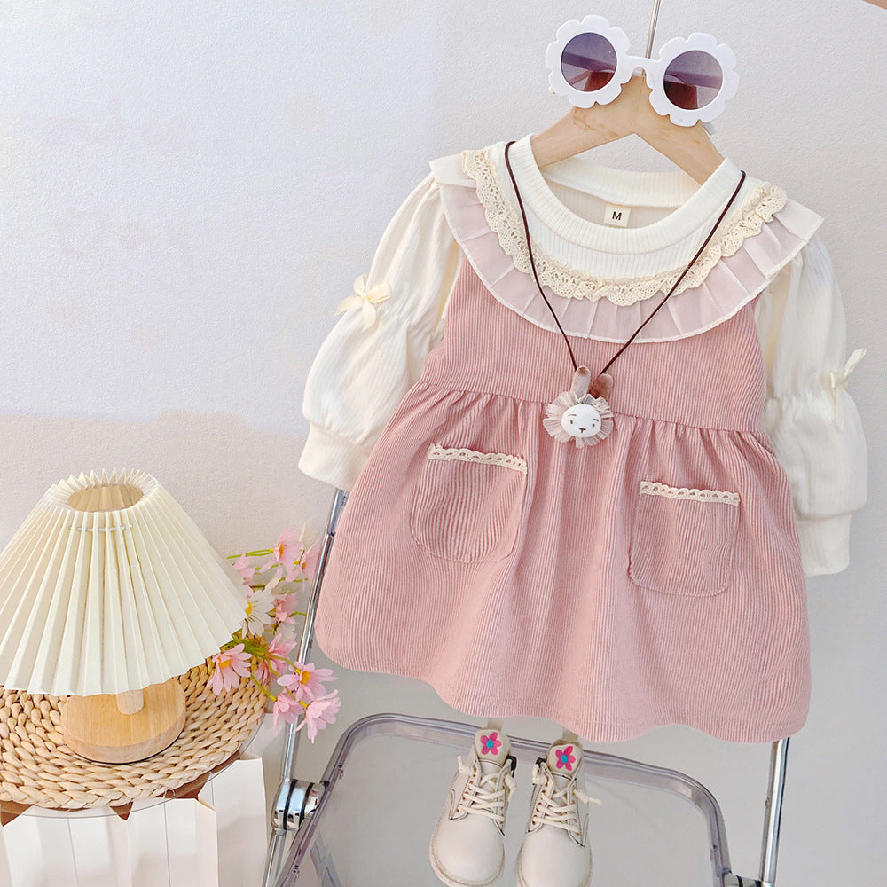 Baby girl autumn dress  new arrival: faux two-piece ruffle collar long sleeve princess dress - hot seller!