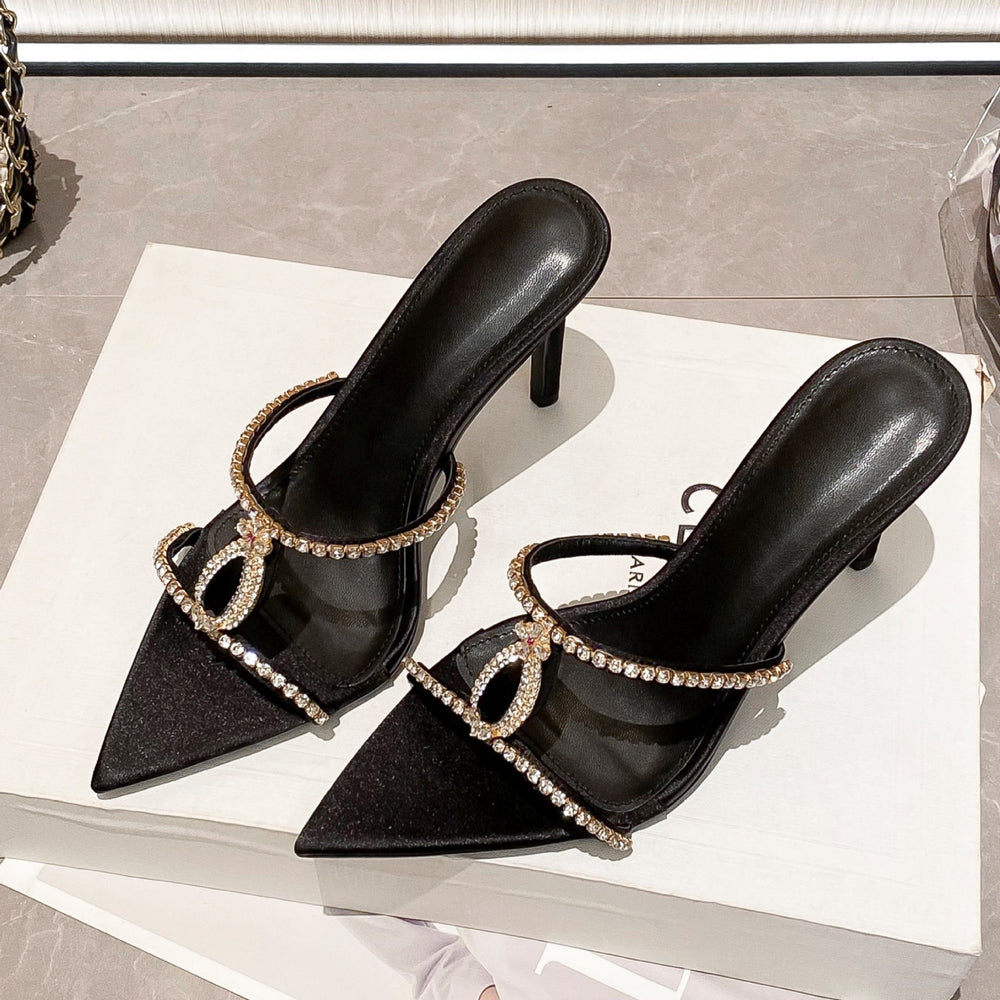 2026 summer european and american style satin pointed-toe stiletto open-toe thong sandals with rhinestone detail - women's outdoor sandals and slippers