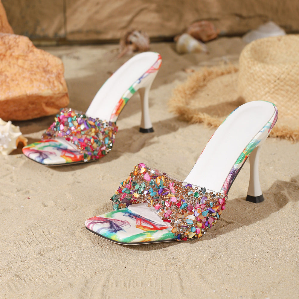 Colorful rhinestone high heel slippers women's summer new fashion stiletto square toe open toe sandals cross-border export hot seller