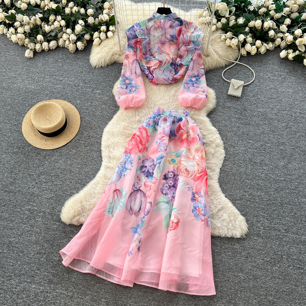 Korean style commute-inspired printed two-piece set for women, spring/autumn 2026, slim-fit high-waisted a-line skirt, vacation-ready outfit