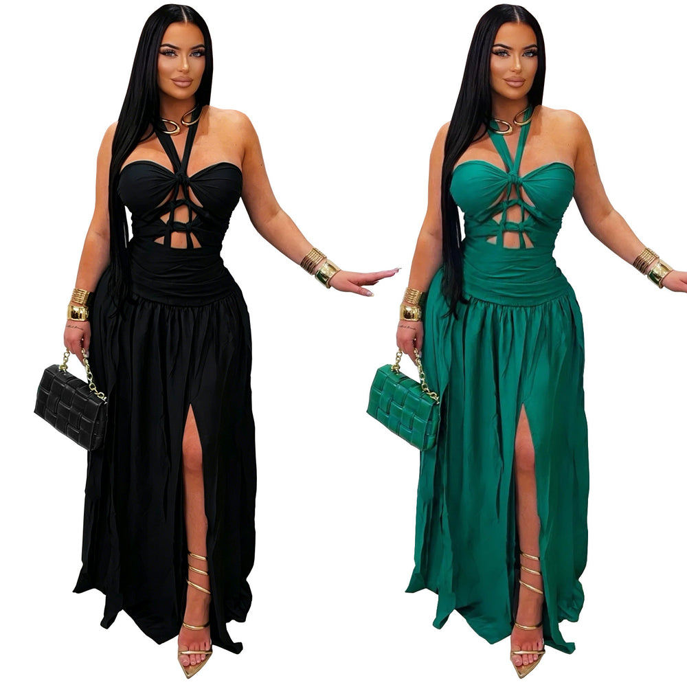 C7762 cross-border  new arrival: halter neck cutout tie-up party evening dress - satin side slit dress