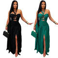C7762 cross-border  new arrival: halter neck cutout tie-up party evening dress - satin side slit dress