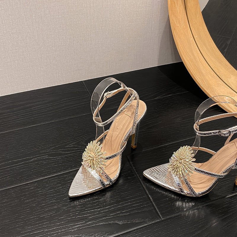 New square-toe open-toe french-style elegant high heel sandals for women, black, gold, and silver, sizes 35-42, with floral embellishments