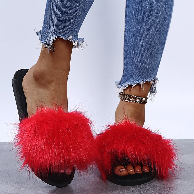 Amazon export one-character plush home cotton slippers women's autumn and winter new fashion outwear fur slippers wholesale
