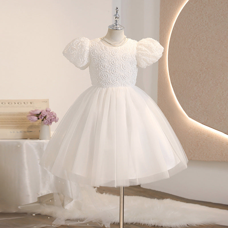 Girls' formal dress princess gown white flower girl wedding dress mid-length puff sleeve tutu dress cross-border foreign trade floral chic