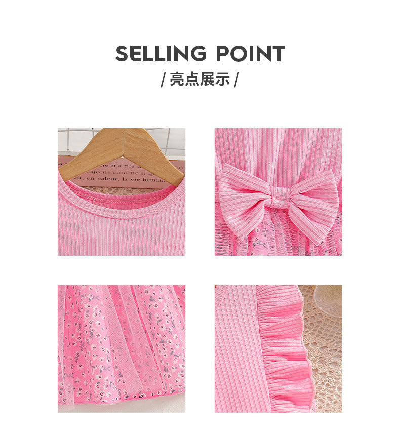 Girls' summer dress - pink ribbed knit with mesh overlay, a-line skirt with floral hem, for mid-to-large children