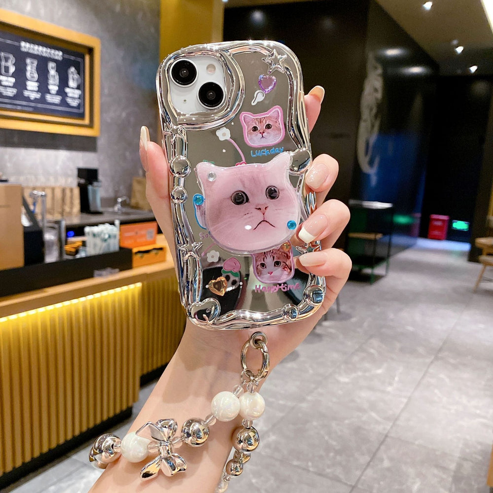 Three-dimensional wave electroplating suitable for apple 16pro cute cat mobile phone case iphonexr mirror flash diamond soft case