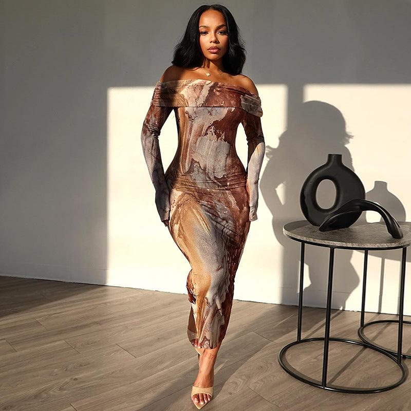 European and american style ins foreign trade women's retro fashion printed one-shoulder long sleeve one-step dress trendy 3d print
