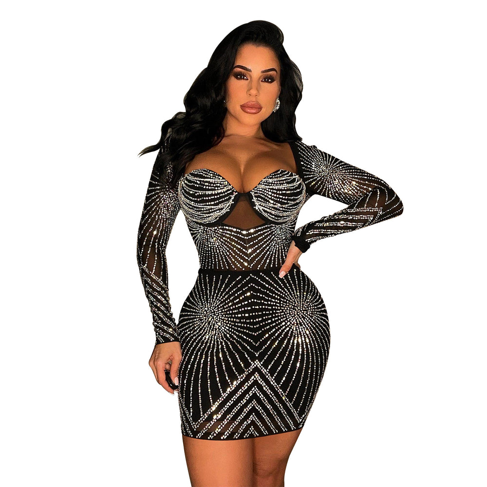 C6243 cross-border   fashion women's solid color mesh rhinestone long sleeve mini dress