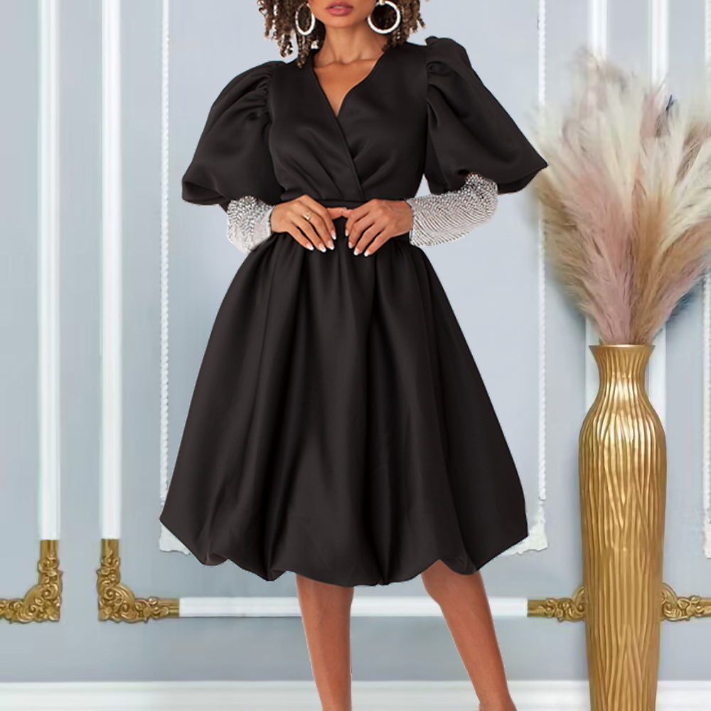D495   european and american foreign trade women's v-neck flared bubble sleeve evening gown bridesmaid dress