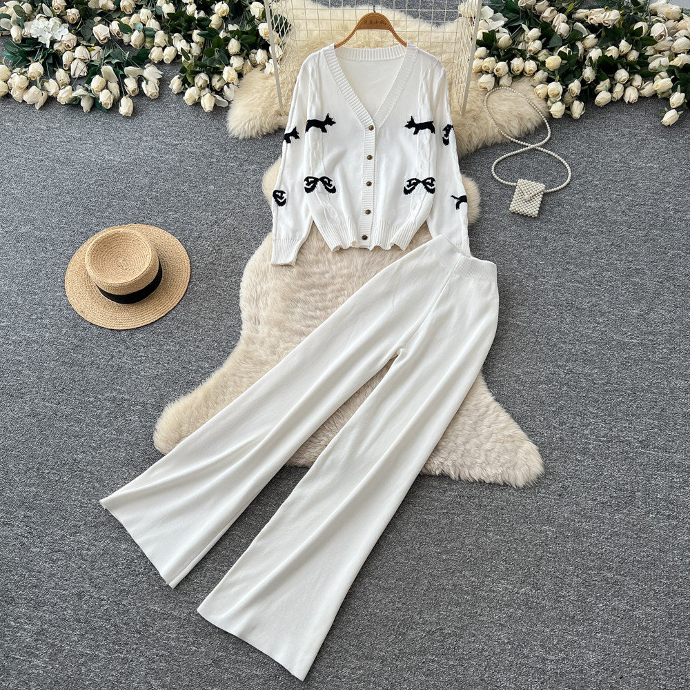 Fashionexportv necksweetcardigantopsloose pantsknittingtwo-piece setfemalefall and winter silmelegantsuit