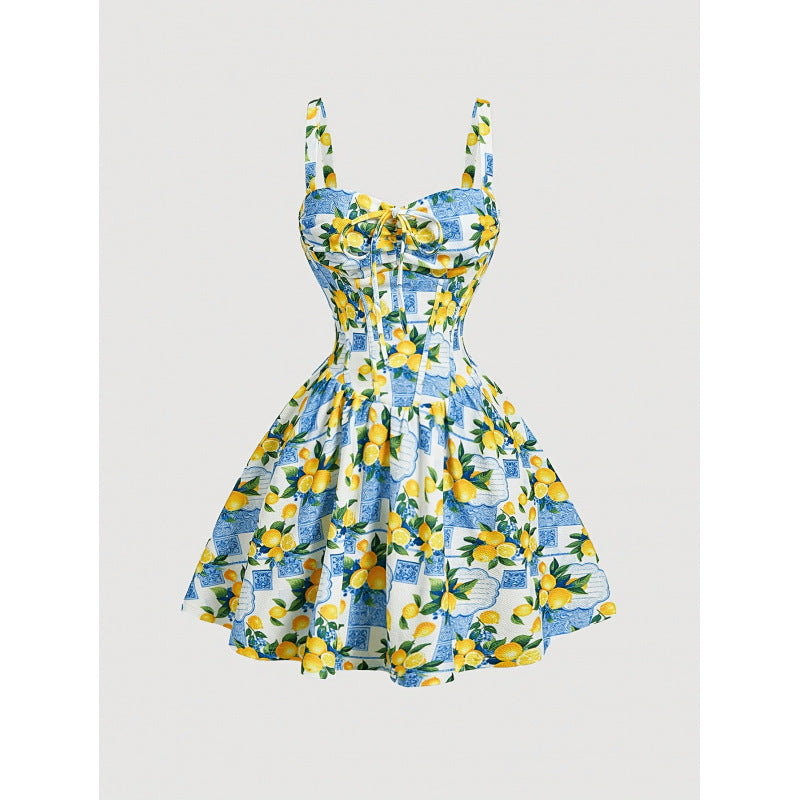 Women's new summer french romantic elegant printed tie-waist a-line mini slip dress