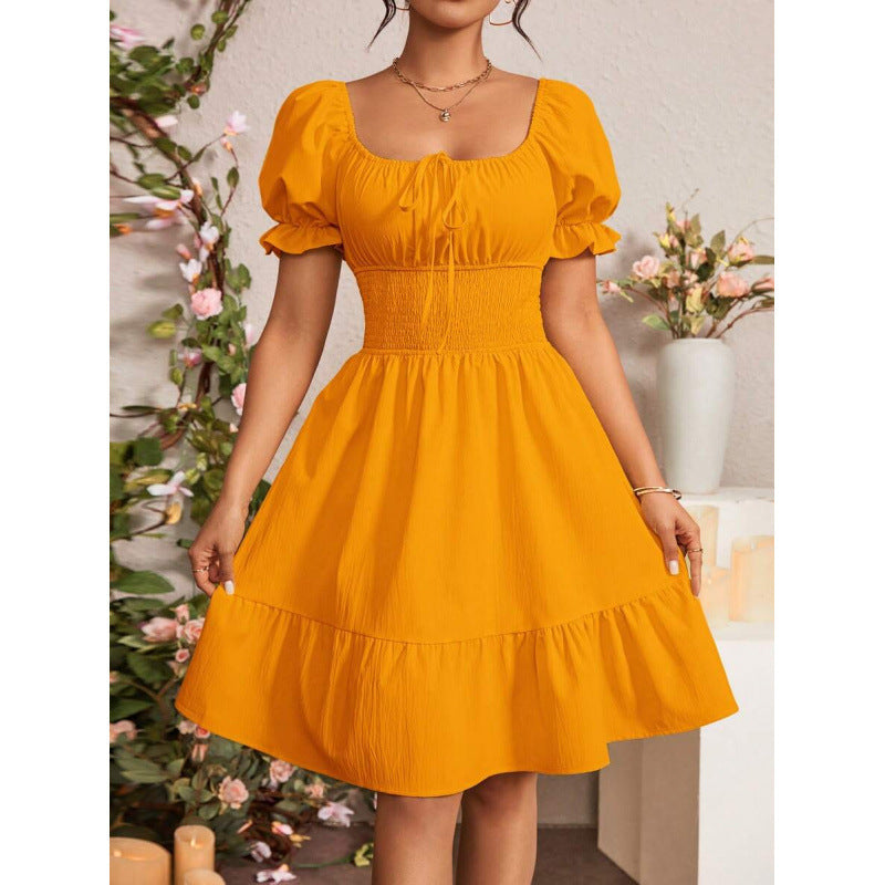 fashion  summer new arrivalelegantrufflespure color puff sleeve square neck shortdress