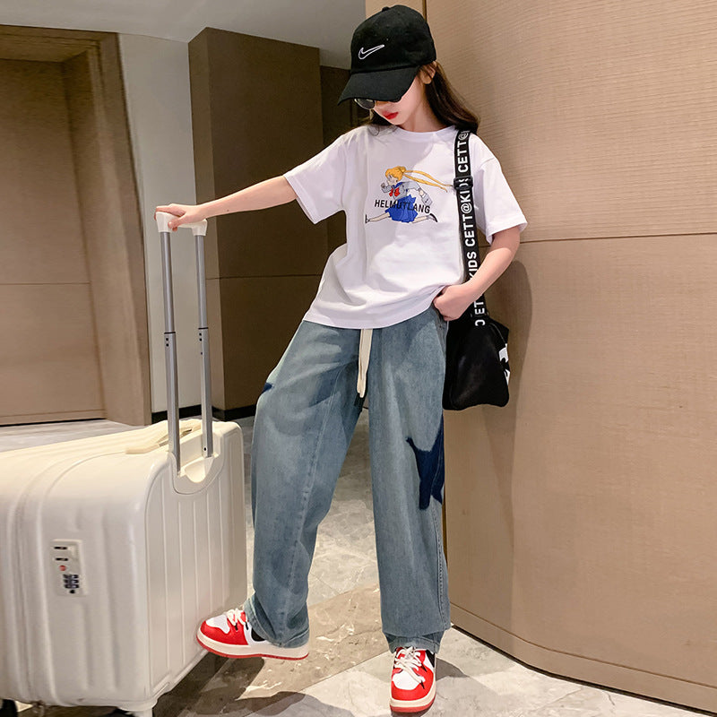 Girls' spring denim wide-leg pants, spring/autumn style, big girls' straight-leg trousers,  new collection, loose fit for mid-to-large children