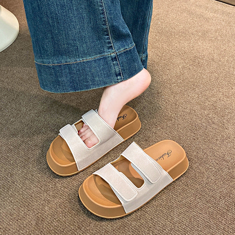 Korean style casual one-strap hook-and-loop birkenstock sandals women's summer outdoor new thick sole soft beach slippers