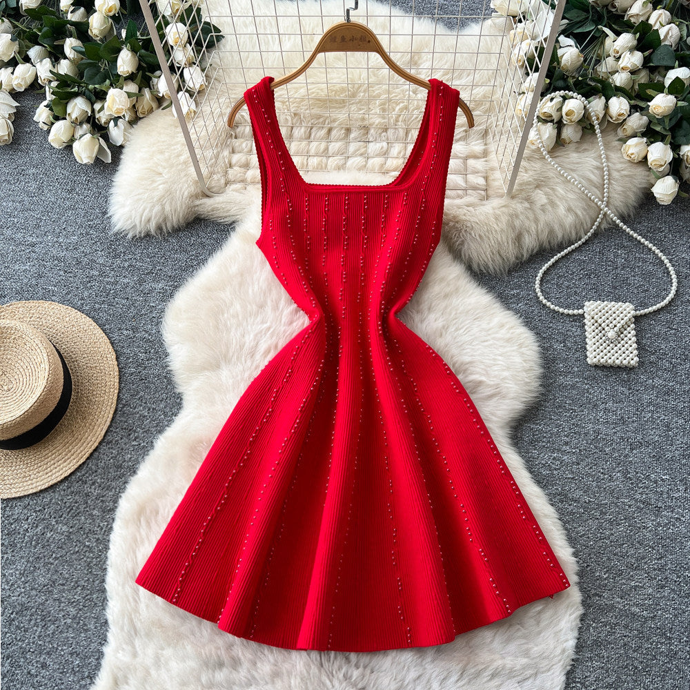 french chic sleeveless a-line knit mini dress - summer pearl embellished versatile dress