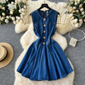 Summernew arrival sleeveless vest denim skirt women's waist slimming look heavy industry beading single-breasted pleated dress