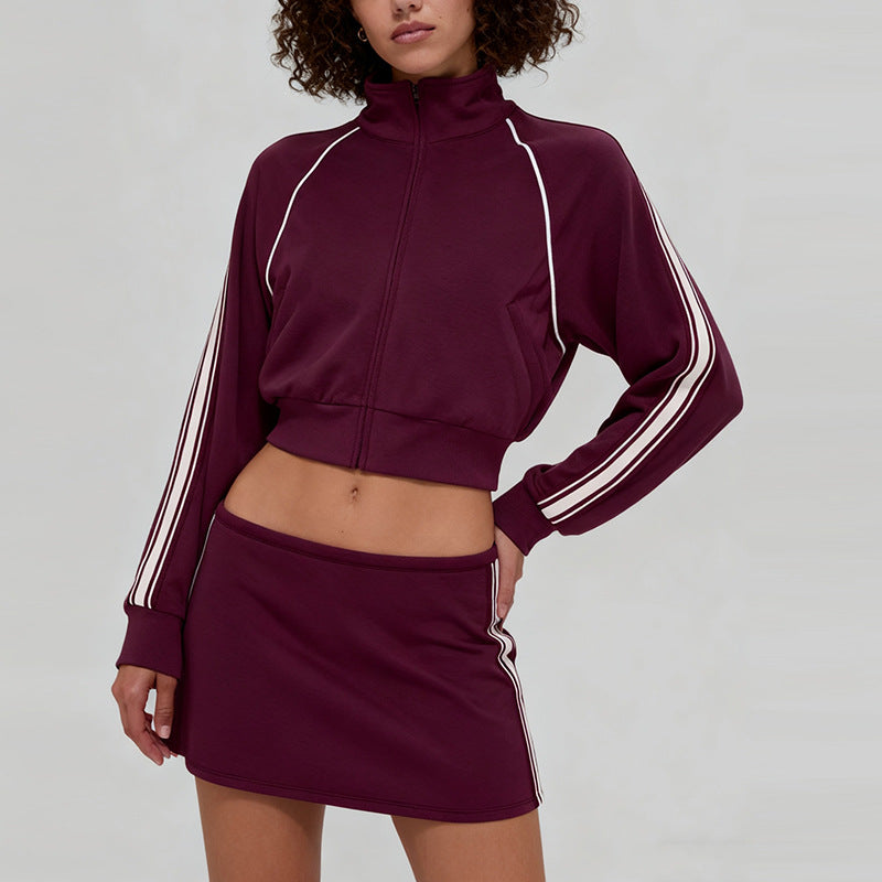 Fall and winternew arrivalmodal air layer sandwiched with white strips breathable stand collar zipper outwear short skirt casual sports suit for women