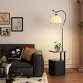 new french style bedside table - multifunctional solid wood nightstand with integrated floor lamp and storage shelf
