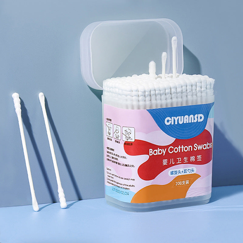 Baby disposable double-ended cotton swabs for ear cleaning, newborn pure cotton ear picks, infant and child cotton buds with storage box
