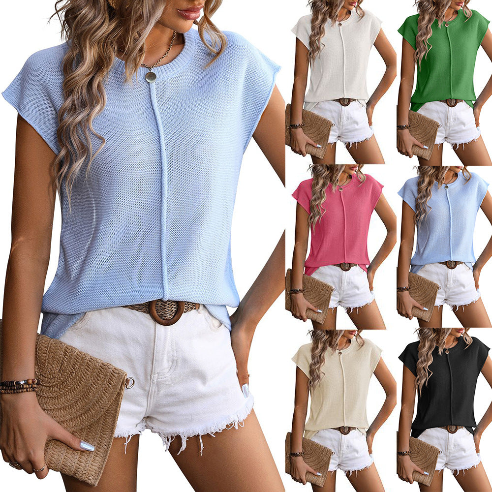 2024 summer new  European and American women's clothing  women's crew neck top knitted thick needle casual sweater