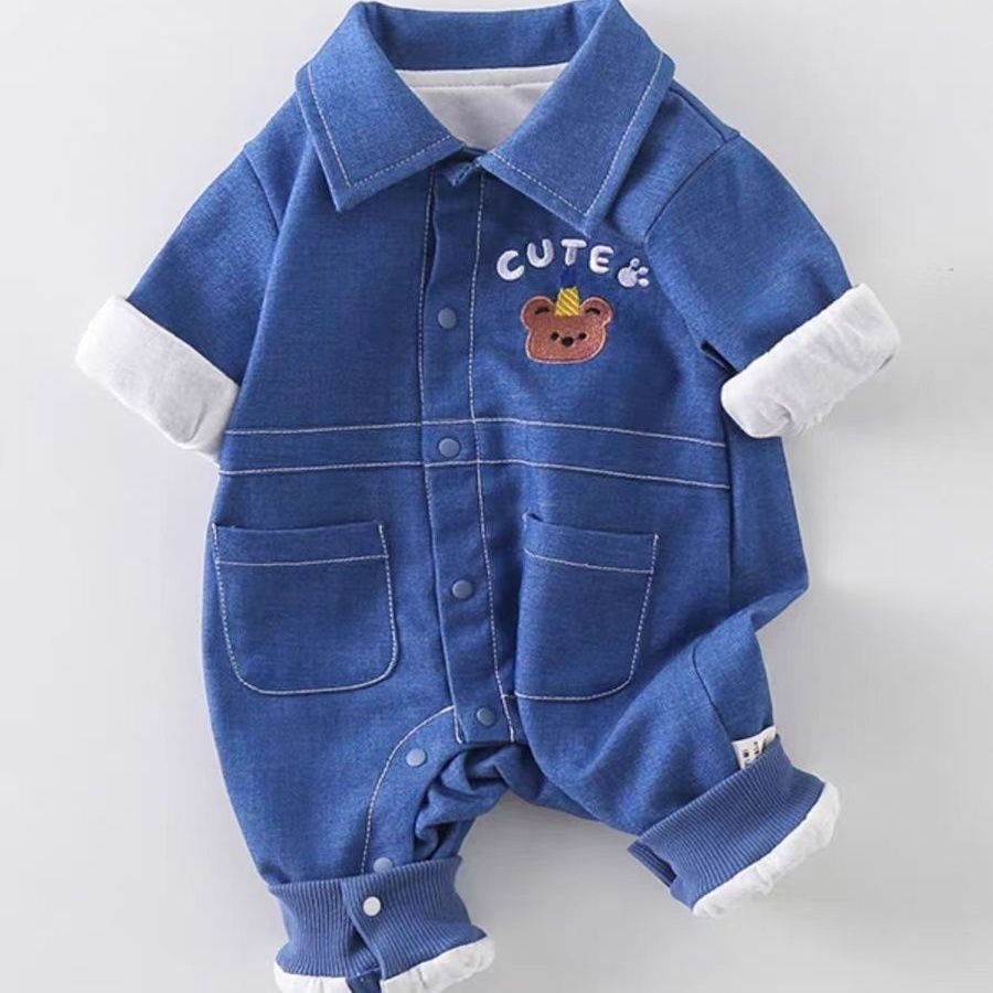 K-style khaki men's and women's baby denim baby jumpsuit rompers, long sleeves, spring & fall, cute clothes, trendy